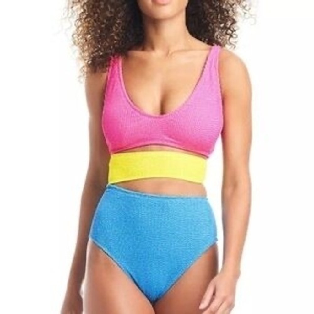 NWT Bar III One Piece Swimsuit Women Multi Colorblock Crinkle Cutout Small $88